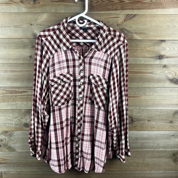 torrid Tops - Torrid Womens Shirt Lizzie Rayon Twill Button Up Long Sleeve Plaid‎ Preppy 3X